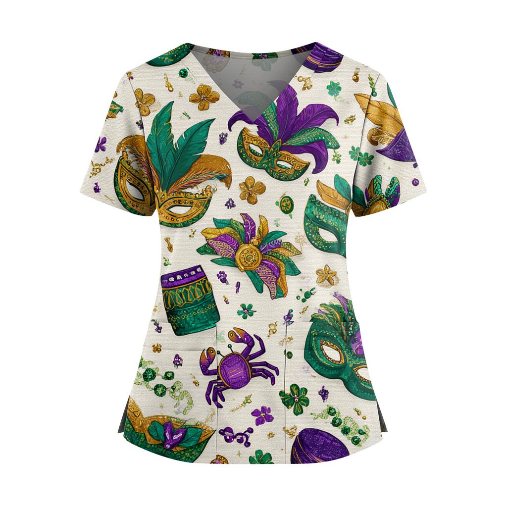 Women's Caregiver  Printed V-Neck Double Pocket Short Sleeves Hem Slit  Uniform Caregiver Top