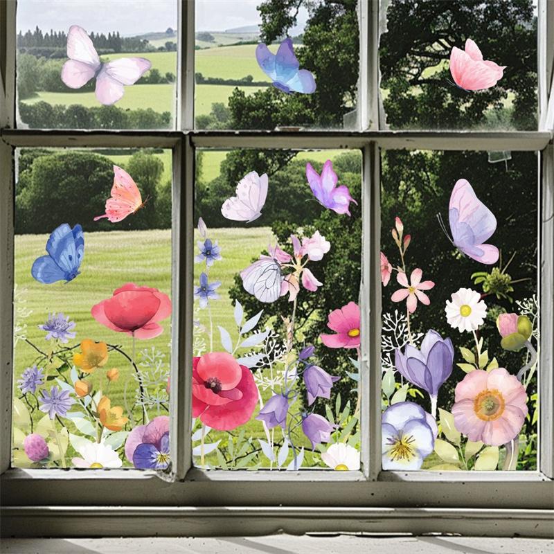 Blomster Sommerfugl Vindusklistremerke Dobbeltsidig Trykt Elektrostatisk Vakkert Våren Kommer Stil Soverom Glassdekorasjon Hjemmedekor
