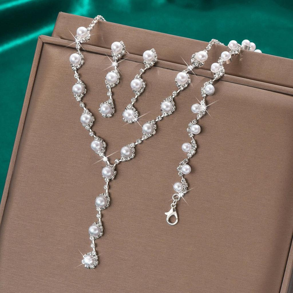 4/3PC Women's Fashion Copper Claw Chain Pearl Necklace Earrings Bracelet Zircon Set Wedding Banquet Party Holiday Gift
