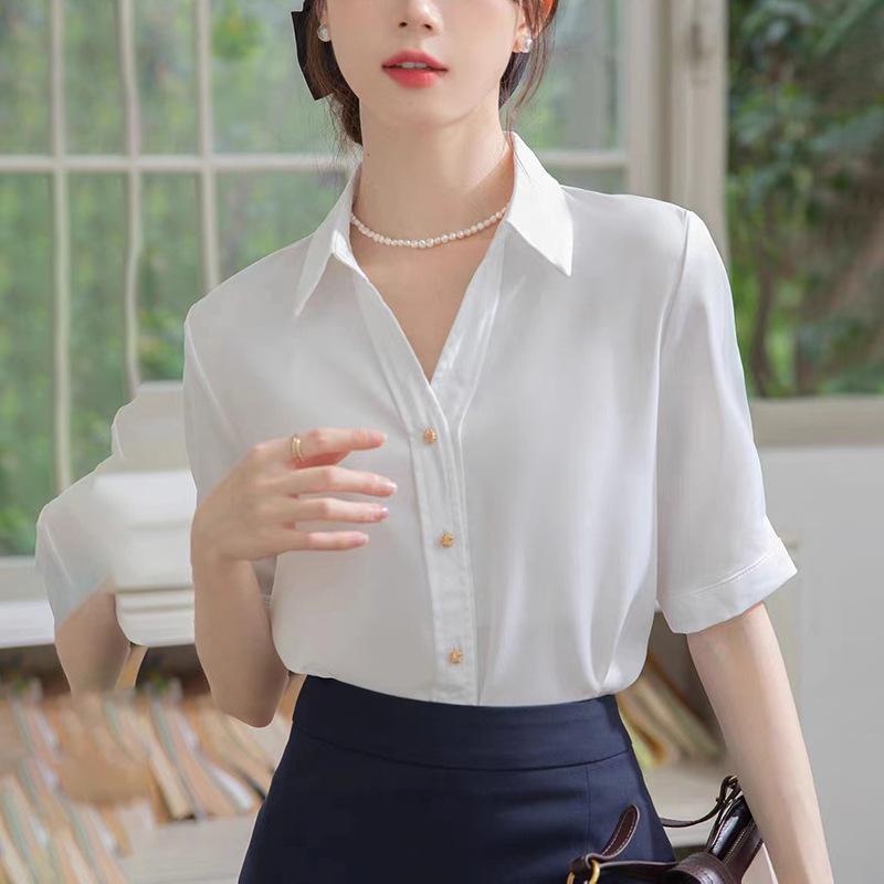 Women's Blue V-Neck Short Sleeve Professional Shirt for Interviews and Workwear