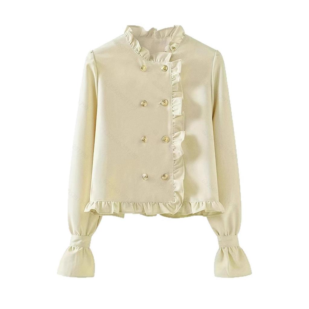 Autumn Women's Chic Ruffled Stand-Up Collar Double-Breasted Shirt