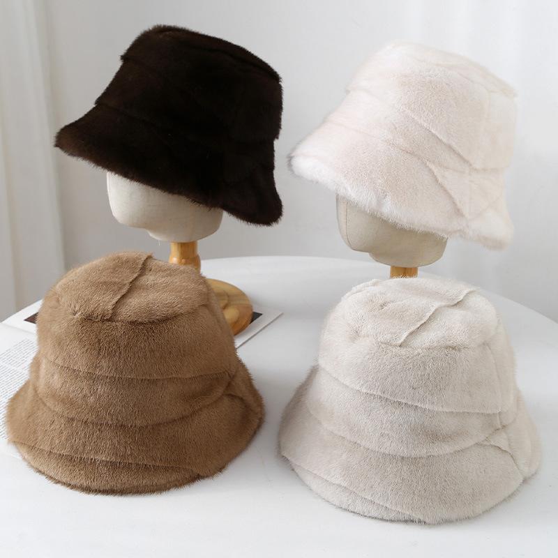 Autumn and winter imitation mink hair bucket hat women's high sense fashion thickened plush hat versatile cold warm basin hat