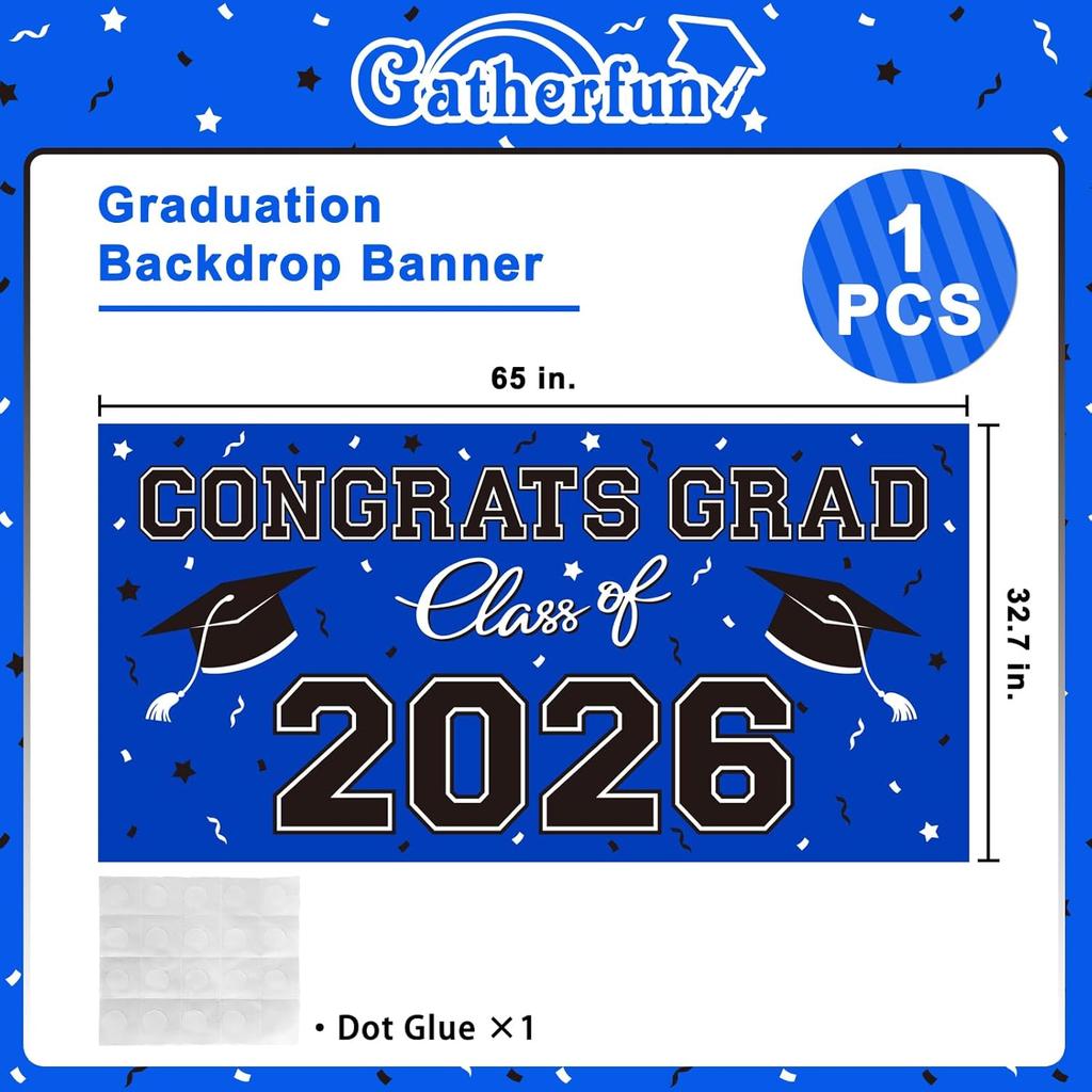 Graduation Party Decorations 2026 Plastic Backdrop - 65" x 32.7" Congrats Grad Banner in Blue, Large Class of 2026 Decorations, Photography & Grad