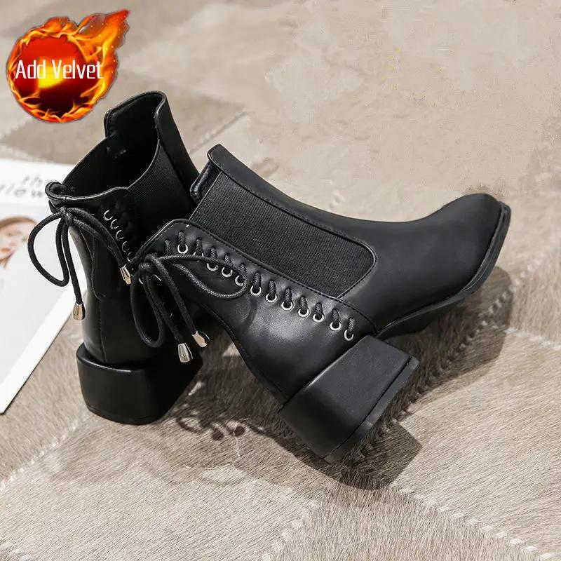 Fashion Short Shoes for Women Punk Style Booties with Laces Female Ankle Boots Elegant Medium Heels Footwear Lace-up Chelsea Combat Boot