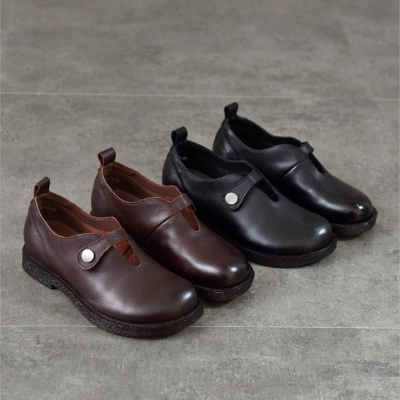 Johnature Retro Versatile Loafers Round Toe Genuine Leather Women's Low Heel Shoes