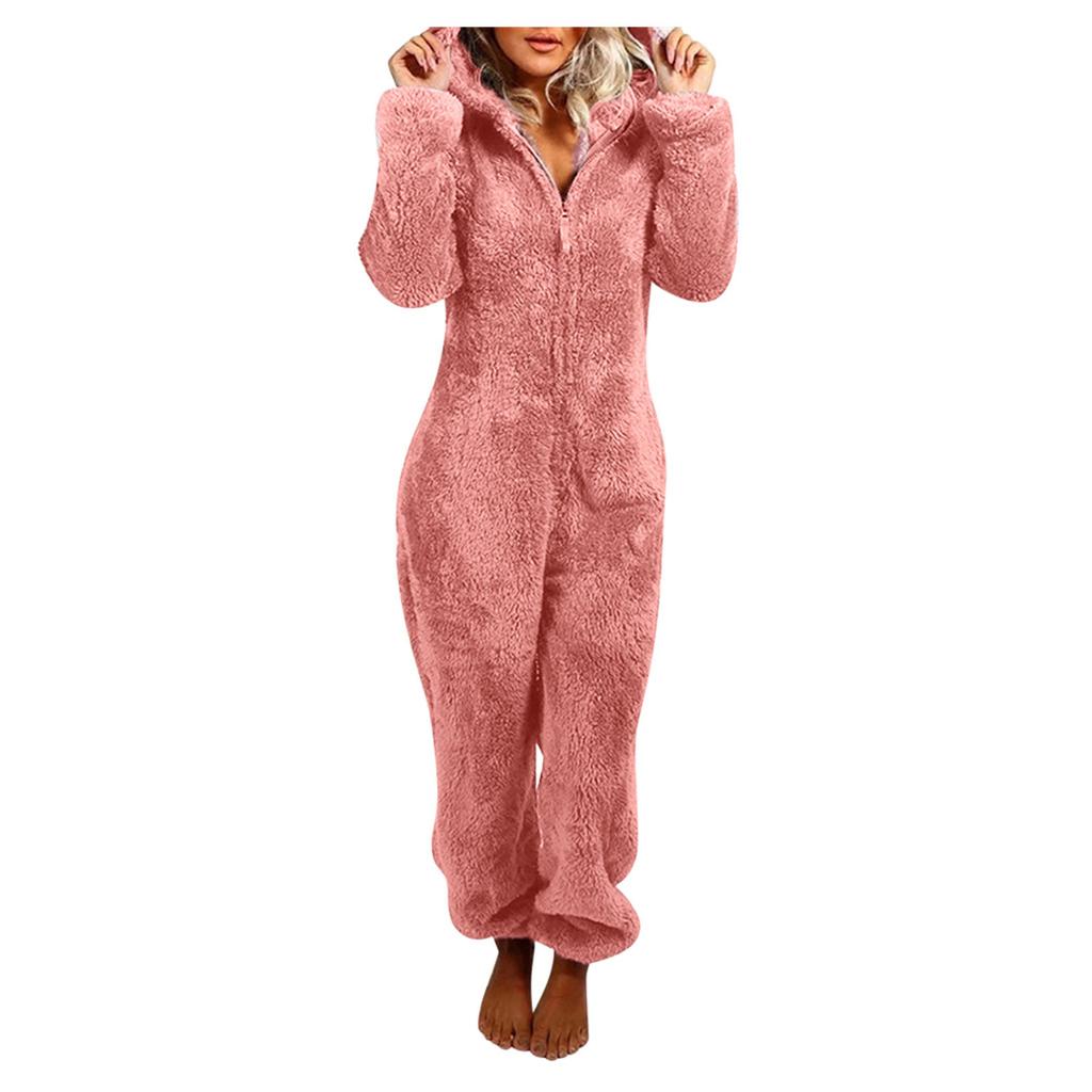 Women Long Sleeve Hooded Jumpsuit Pajamas Casual Winter Warm Rompe Sleepwear