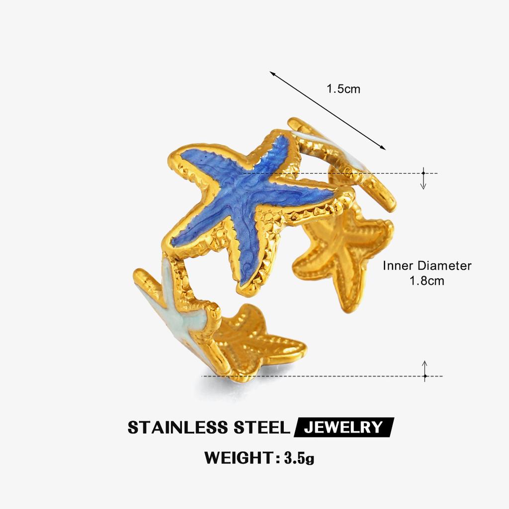 Colorful Dripping Oil Stainless Steel Starfish Rings for Women Men Bohemian Opening Rings Vacation Style Jewelry Accessories