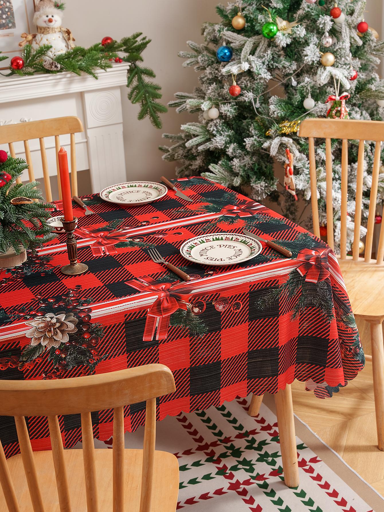

Декоративная скатерть с рождественским принтом и тисненым дизайном, создающая праздничную атмосферу, противоскользящая, пылезащитная для обеденного стола и шкафа 140x100cm красный