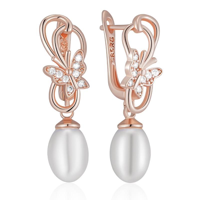 

Unique Rose Gold Color Pearl Butterfly Drop Earrings For Women Shiny Natural Zircon Accessories Daily Fine Jewelry