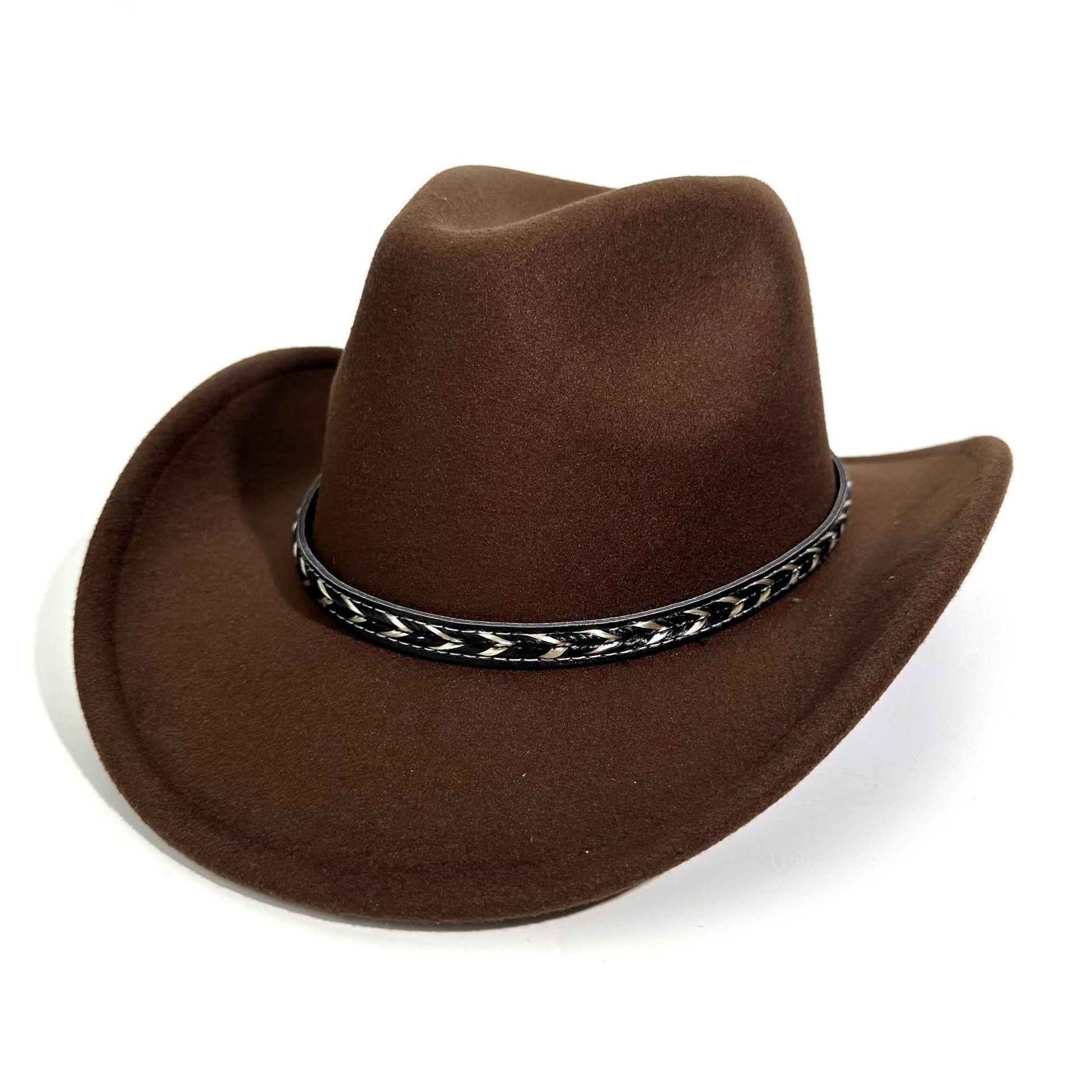 

Western Cowboy Hat Retro Woolen Jazz Hat Female Tibetan Ethnic Style Big Edge Top Hat Men M（56-58cm） темно-коричневого кольору