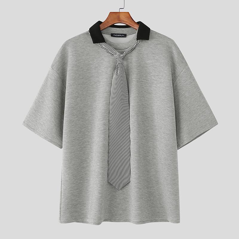 

INCERUN Мужские футболки с коротким рукавом, завязкой на шее, пэчворк, повседневные, свободного кроя 4XL серый