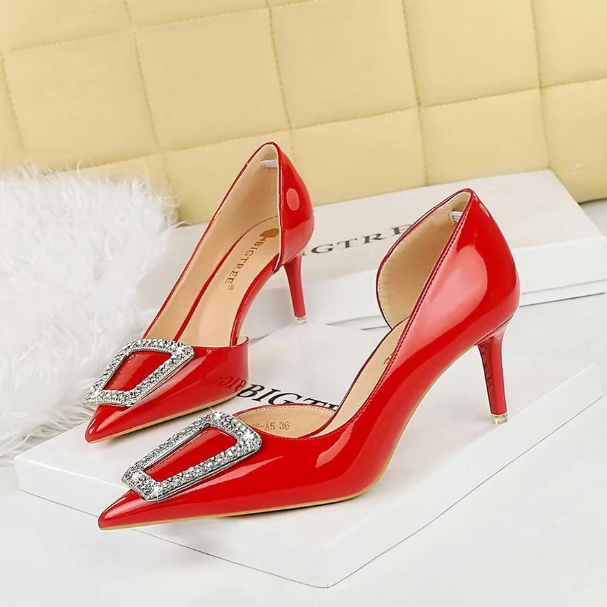 BIGTREE Fashion Crystal Buckle Hollow Wedding Shoes Women Pointed Toe Patent Leather High Heels Red Black Ladies Party Pumps