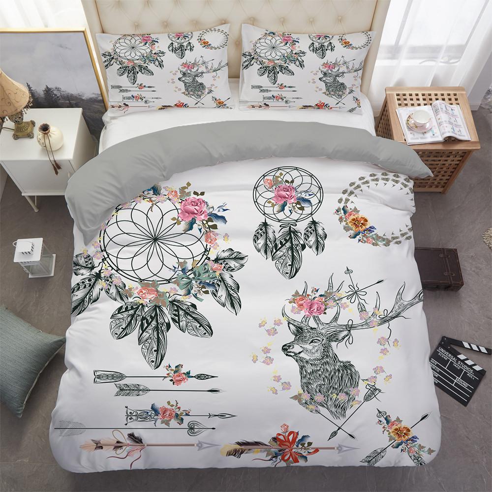 Dream Catcher Duvet Cover Set Bull Skull Native Tribal Feather Boho Design Bedding Set Microfiber Queen King Size Quilt Cover