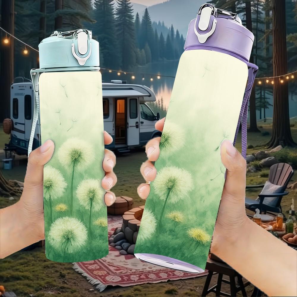 1PC Soft Green Misty Wild Floral Print 750ml Color Plastic Sports Water Bottle Leakproof Flip Straw Lid Suitable for Sports Office Home Use