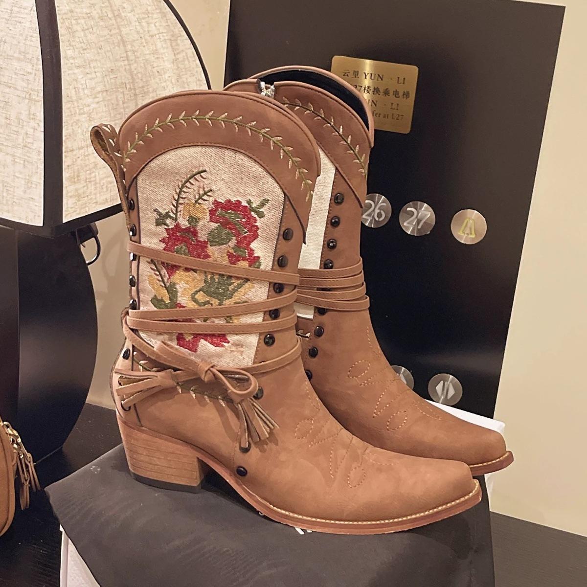 

Retro embroidery printed western cowboy boots women s 2025 summer new thin pointed thick heel short boots 42
