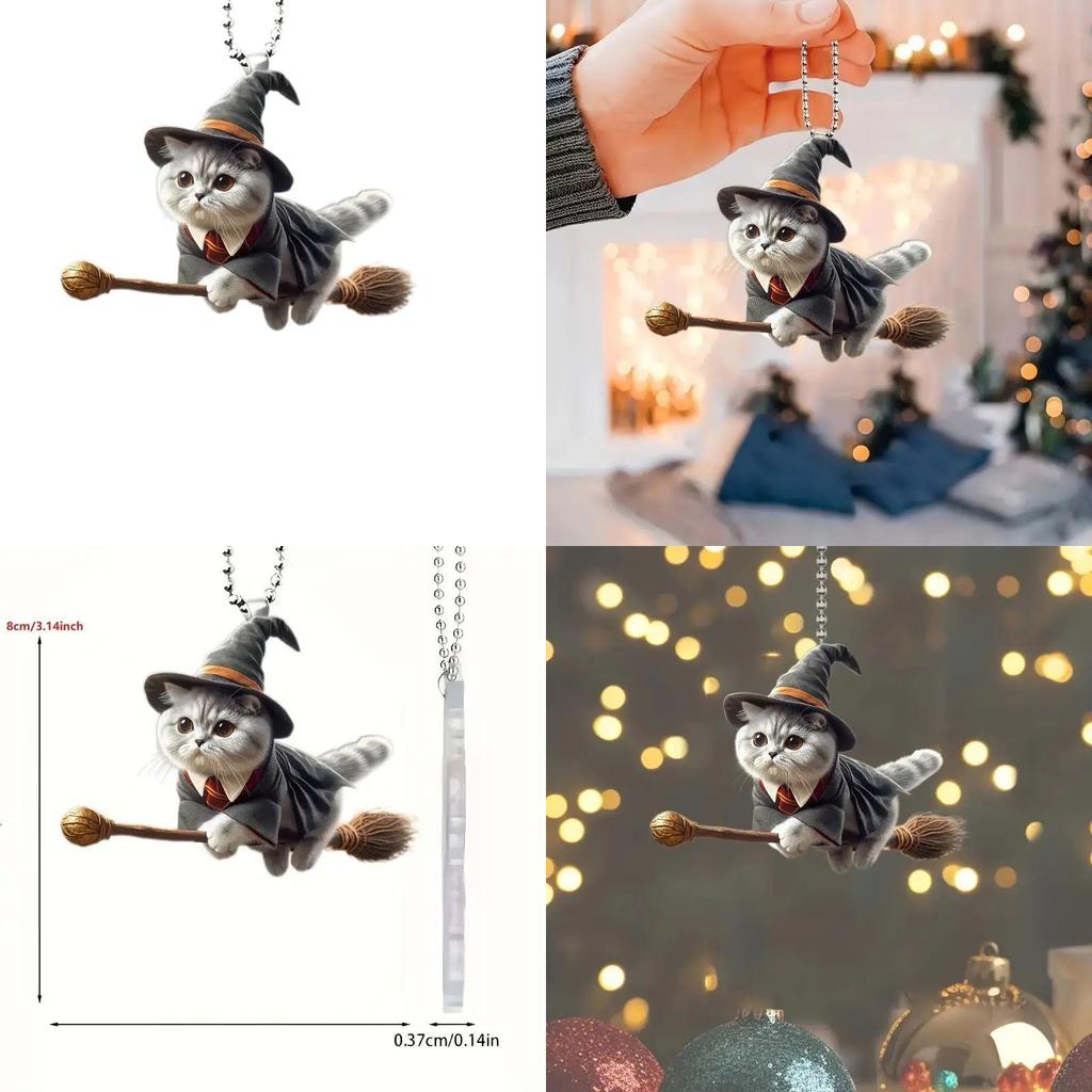 Minimalistischer Acryl-Autoanhänger mit flacher Oberfläche und magischem Katze-auf-Besen-Design zur Dekoration des Autoinnenraums