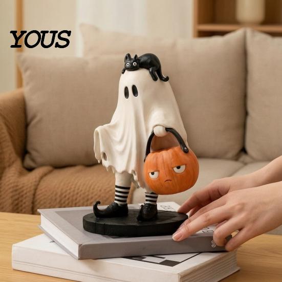 Niedliche Geisterstatue Statue, Schwarze Katze aus Harz mit Kürbis-Eimer Ornament, Halloween-Dekorationsfigur für Zuhause, Feier, Tisch, Kaminsims