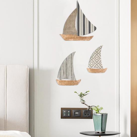 3 Stück Holzsegelboot Nautische Wandkunst Rustikale Ozean-Küstenhänge-Skulptur Mediterraner Stil Seehaus Wanddeko für Badezimmer Wohnzimmer