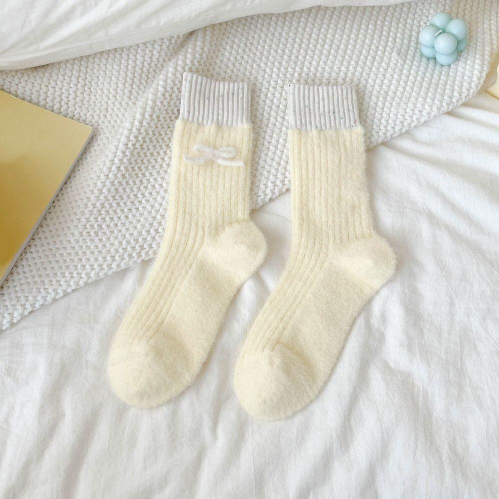 Soft Plush Sleep Socks Bowknot Middle Tube Socks Sweet Warm Home Socks  Cold Weather