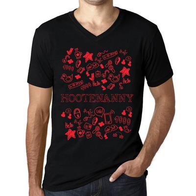 Men’s Vintage Tee Shirt Graphic T Shirt V Neck Doodle Art HOOTENANNY Deep Black Red Text