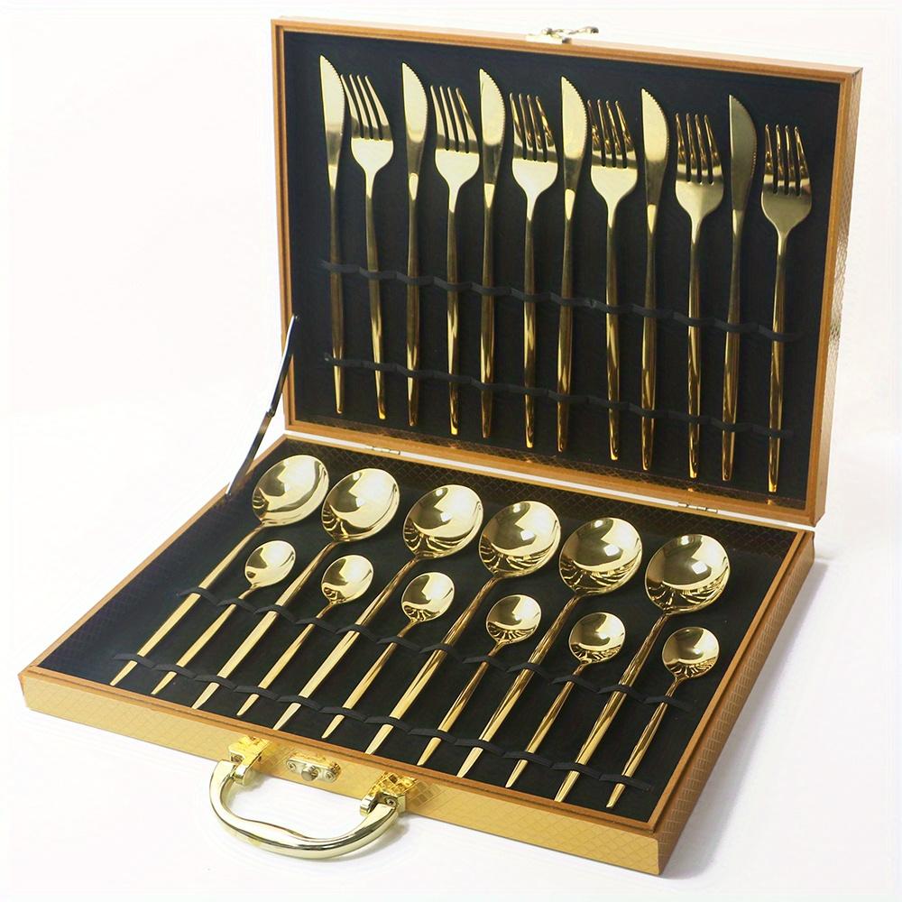 24pcs Cutlery Collection Case Gift Box for 24 Pcs Tableware Set Antioxidative Wooden Gift Box Gold Black Storage Box
