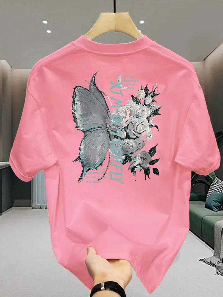 American Stylish Tshirt Butterfly Rose Adult Men Loose Versatile Round Neck 100 Cotton Shortsleeved Cool Comfortable Summer