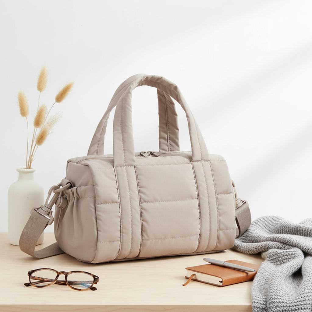 Women Nylon Quilted Duffle Bag with Adjustable Strap Crossbody Bags for Sports Travel