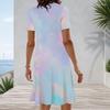 Women Plus Size Round Neck Short Sleeve Black Multicolor Printed A Line Flared Midi Dress
