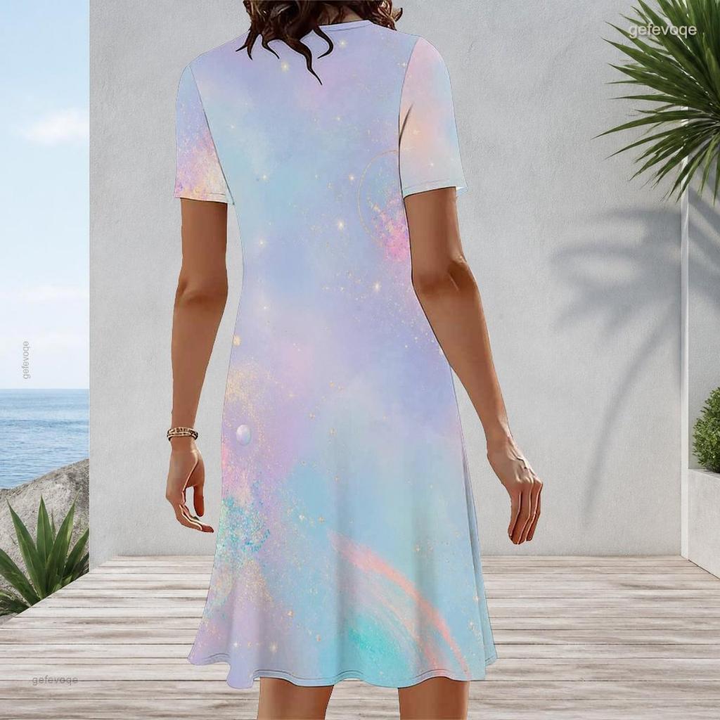 Women Plus Size Round Neck Short Sleeve Black Multicolor Printed A Line Flared Midi Dress