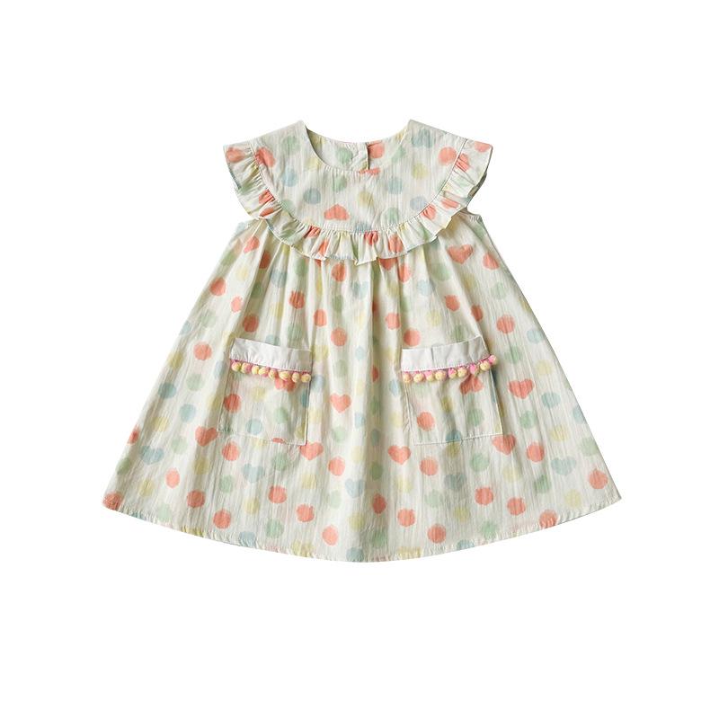 2026 Summer Girls' Colorful Polka Dot Dress with Korean Style Ruffle Collar