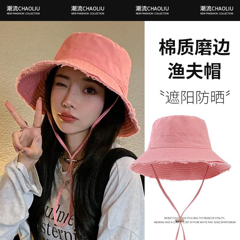 Big eaves rough edge bucket hat high sense foldable casual sunscreen hat pink dopamine sunshade basin hat women