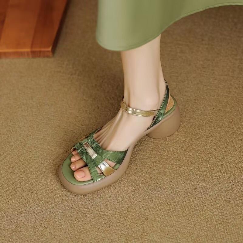 Retro Soft Leather Platform High-heeled Open-toed Sandals Women's 2025 Summer New Thick-heeled Woven Color Matching One-word Strap Roman Shoes