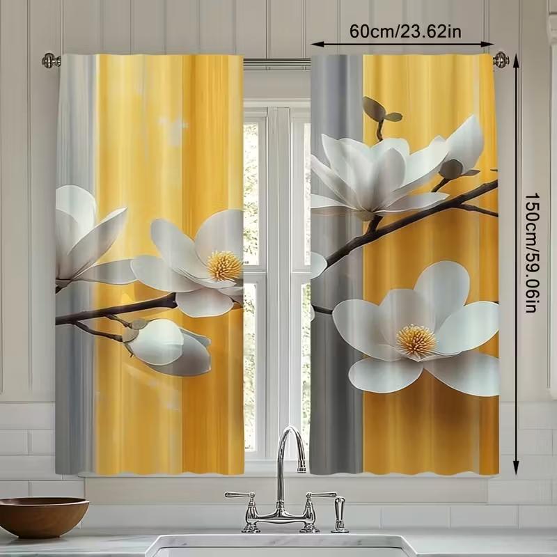 2 Pcs White Flowers Print Curtains,Suitable For Bedroom,Living Room Kitchen Decoration,Home Decoration,Window Decoration