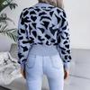 Leopard Print Knitted Crop Sweater Women Autumn Winter Long Sleeve O Neck Nipped Tops Sizes S to L