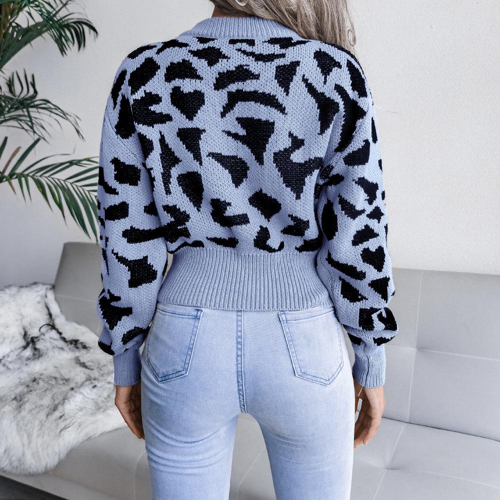 Leopard Print Knitted Crop Sweater Women Autumn Winter Long Sleeve O Neck Nipped Tops Sizes S to L