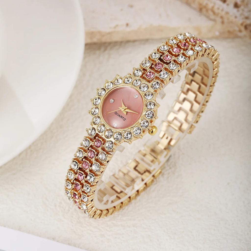 Golden Luxury Watch Women Ring Necklace Earring Rhinestone Fashion Wristwatch Casual Ladies Bracelet Watches Jewelry Set