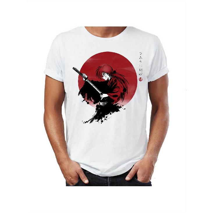 1pc 1pc Men'S Rurouni Kenshin Anime Graphic T-Shirt - Glossy Texture Crew Neck Tee with Kenshin & Kaneyasu Kaneyasu Dynamic Action Print, All-Season