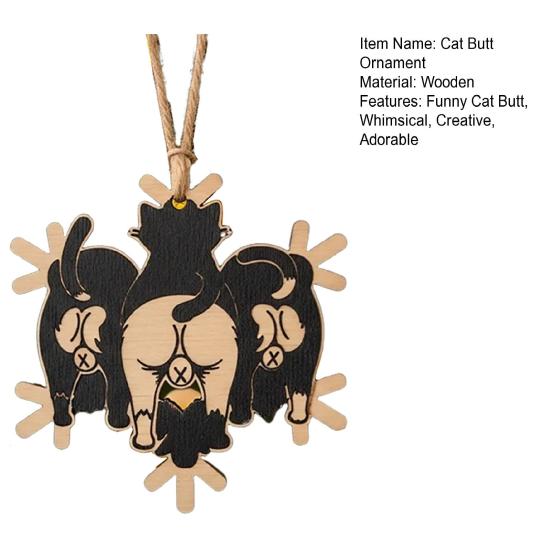 Cat Butt Snowflake Christmas Ornament Funny Cat Butt Wooden Xmas Tree Ornament Snowflake Shape Hanging Pendant for Tree Home Decor