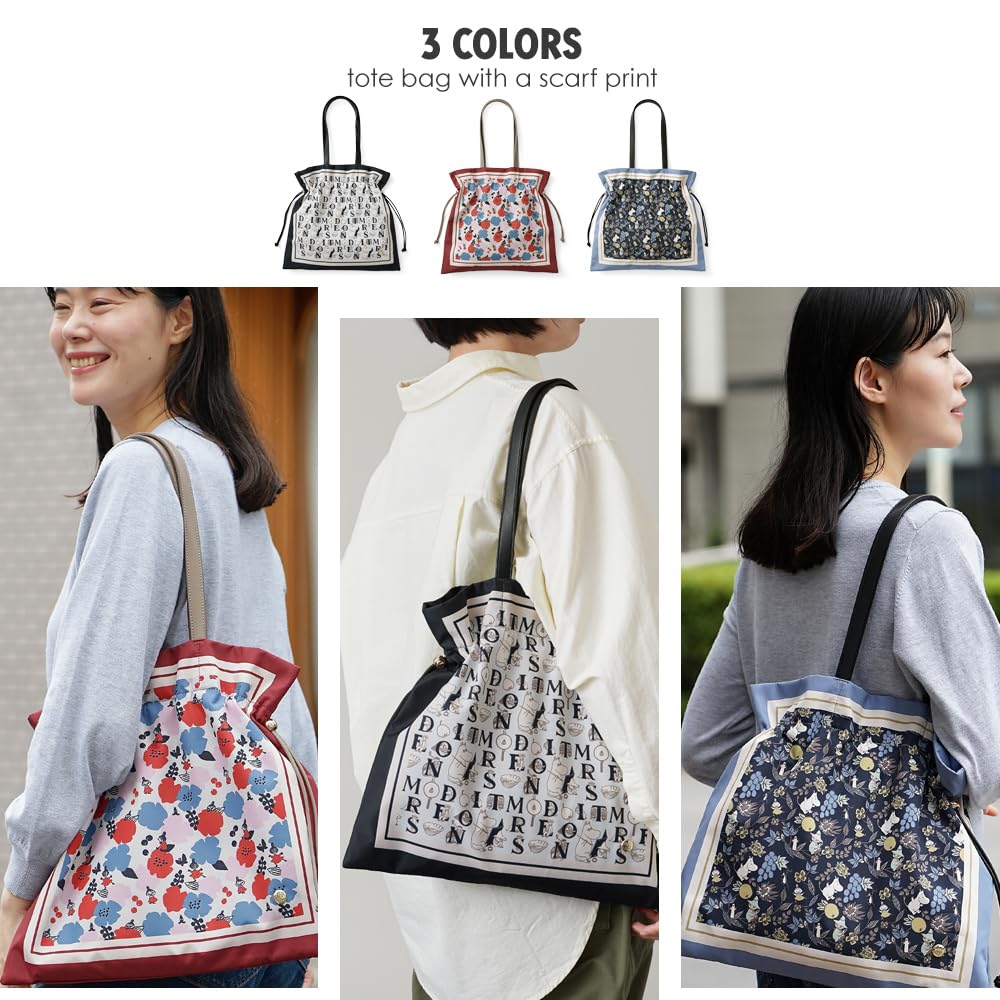 Official [MOOMIN] Tote Bag, Drawstring Bag, Scarf Print, Little My, Moomin, Snufkin, and Hattifatteners, Stylish Handbag, Nordic Design, RMSC-01