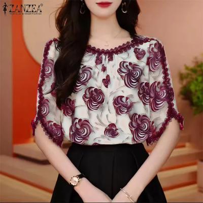 Damen Lässiges Rundhals Kurzarm Lockeres Blumenbluse