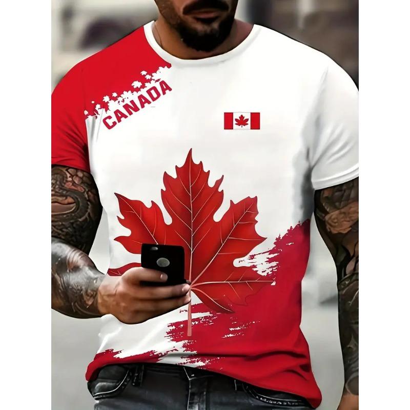 Men'S Canadian Flag & Maple Leaf Print T-Shirt Summer Short Sleeve Tee Shirts With Round Neck