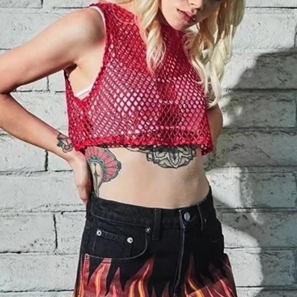 Short Vest Hollow Out Top Sexy Style Crop Top Loose T-shirt Mesh T-shirt  Female Fashion
