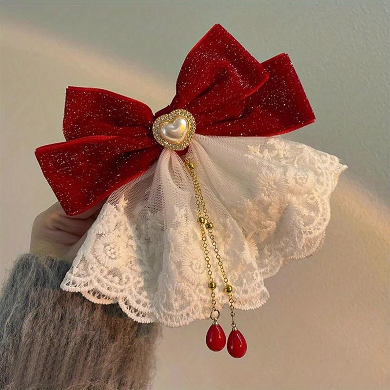 

1PC Vintage Fashion Bow Hairpin, Daily/Party Decor | Lace + Heart-Shaped Fringe Princess Style Fresh