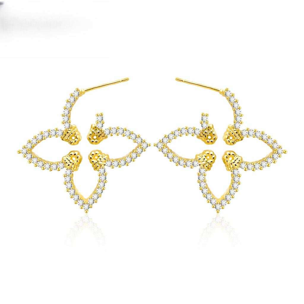 Geometric Full Diamond Stud Earrings Fashion Light Luxury High Sense Earrings Temperament Versatile Exquisite Four-leaf Clover Earrings