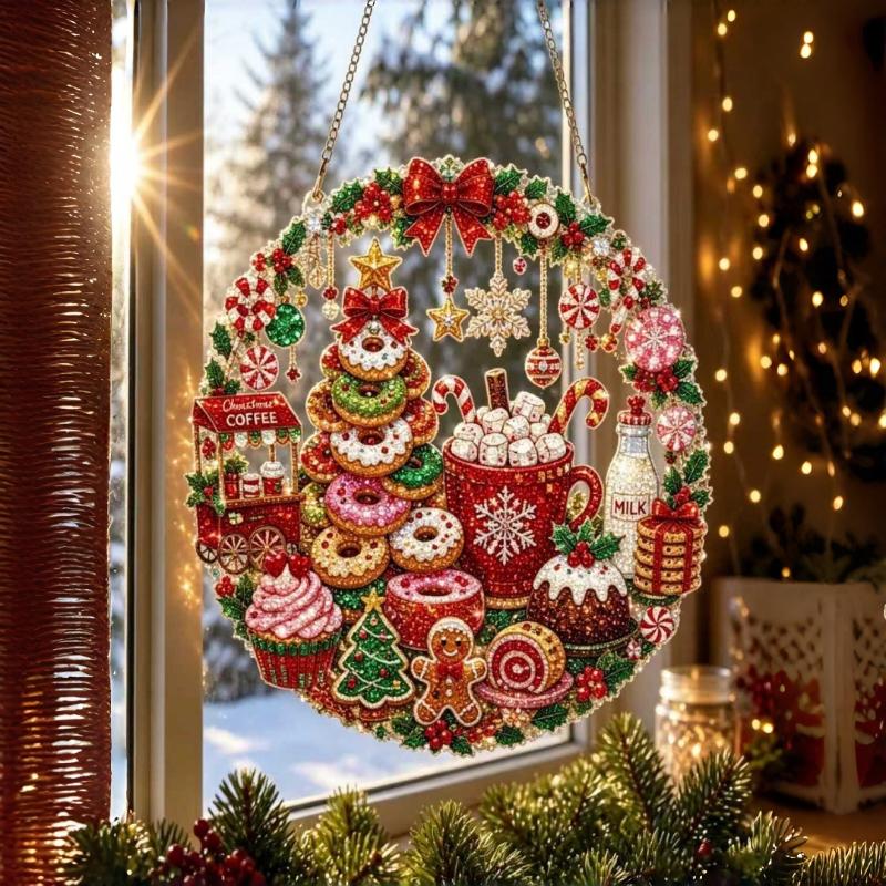 Christmas 2D Flat-Printed Acrylic Christmas Wreath Hanging Ornament Craft Festive Home Window Wall Decor