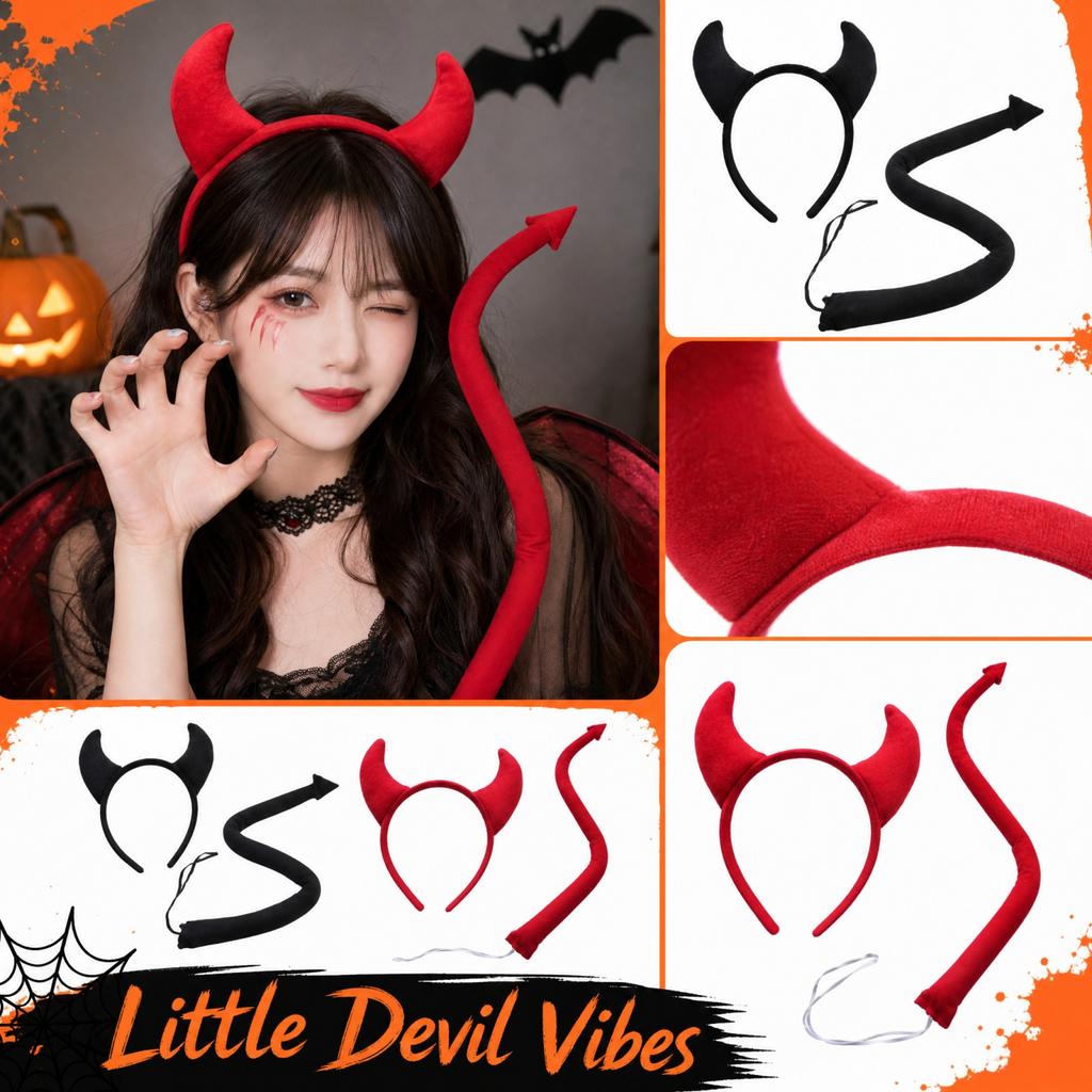 Kids Little Devil Costume Set with Horns Headband and Tail for Halloween Party