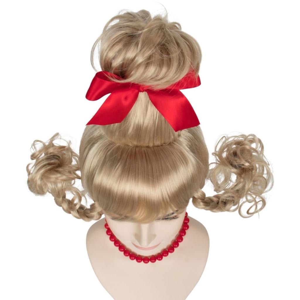 Anime Cosplay High-Top Blonde Wig with Bow Braid Christmas Synthetic Hair for Women Party Costume Accessory