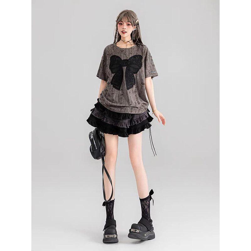 

Bow Embroidery Short Sleeve T-shirt - Summer 2026, Dune Wasteland Style, Loose Fit, Ripped Drawstring, Slimming Design M