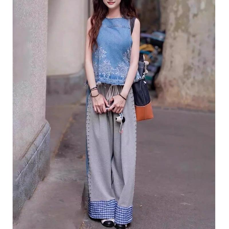 2026 Trendy Korean Spring Set: Blue Denim Top & Patchwork Wide-Leg Pants Medium