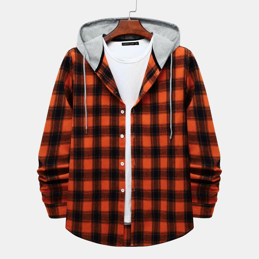 Autumn New Men's Casual Fashion Couple Hooded Plaid Long Sleeve Shirt Trend